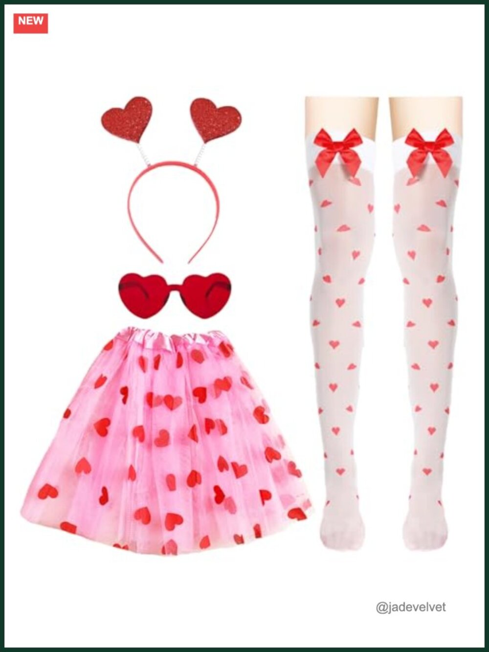Valentines Day Heart Headband Tutu Glasses Stockings Costume Set Party